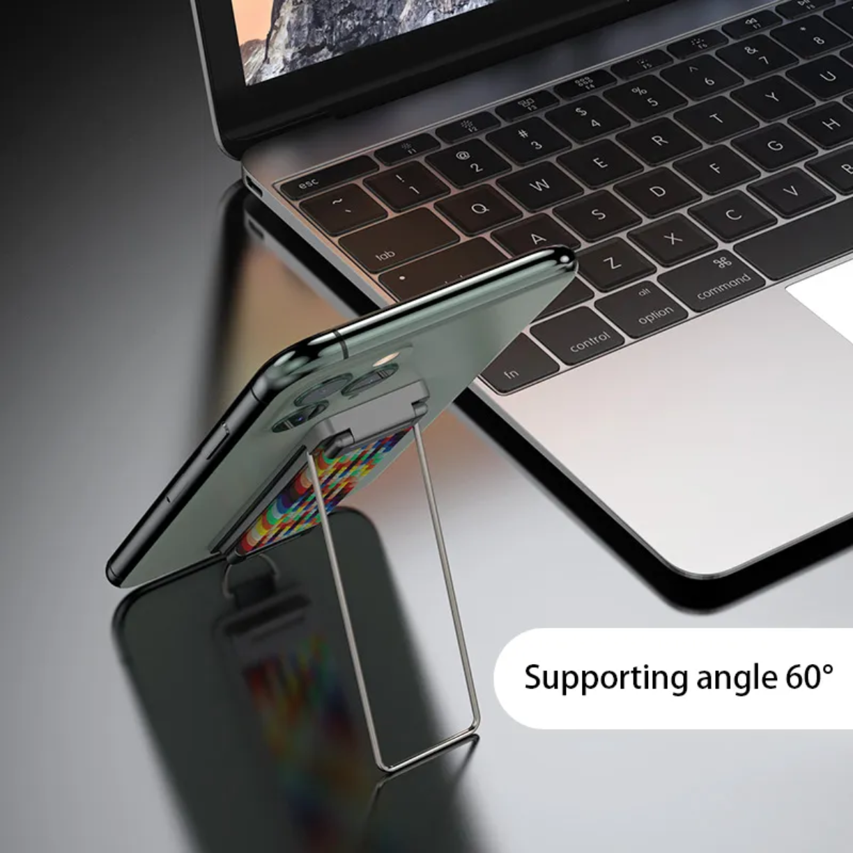 Picture of Metal Back Mounted Phone Holder with rainbow Strap and Breathable Design Foldable and Portable Ring Holder with Hanging Rope