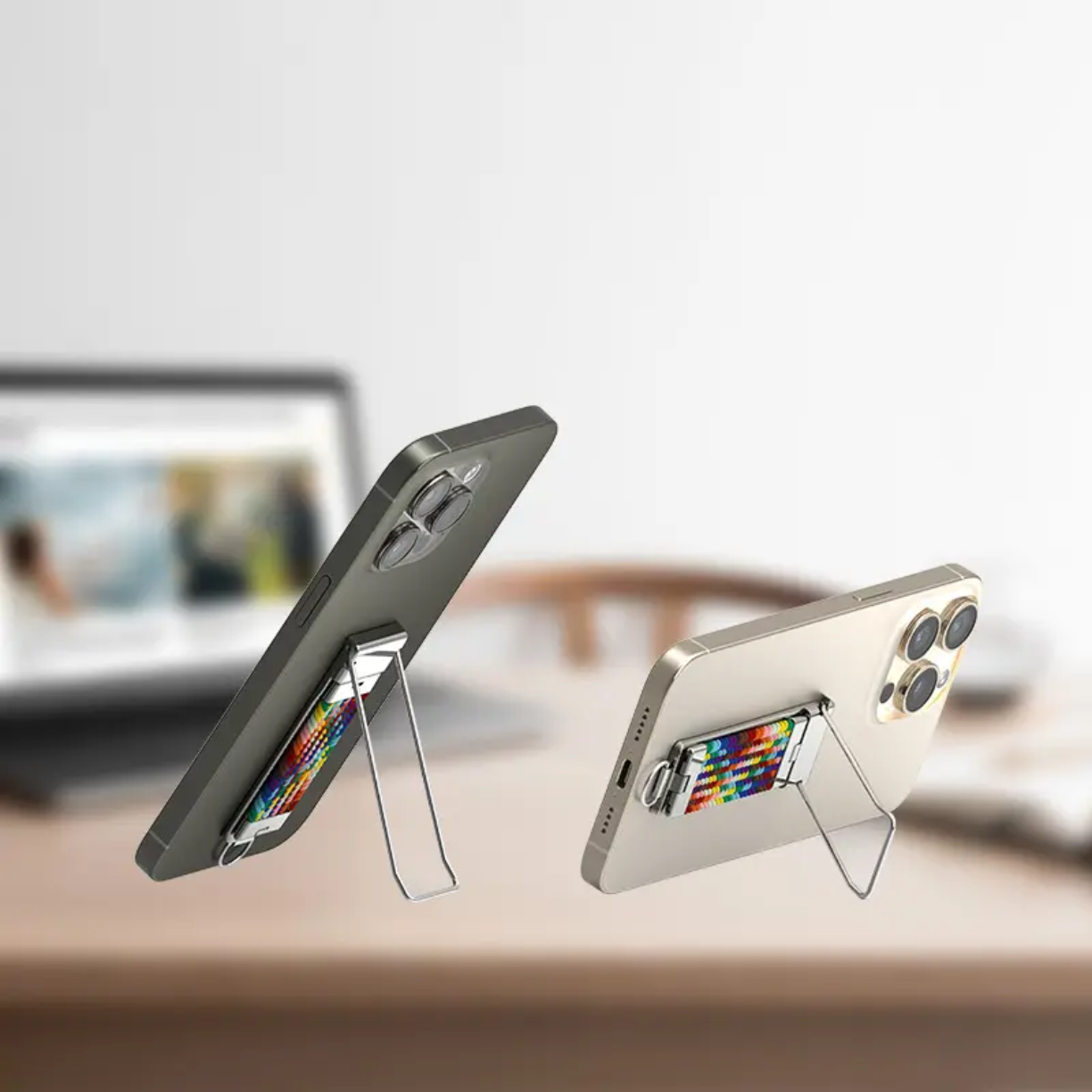 Picture of Metal Back Mounted Phone Holder with rainbow Strap and Breathable Design Foldable and Portable Ring Holder with Hanging Rope
