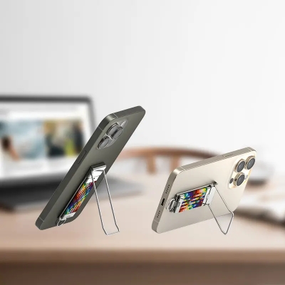 Picture of Metal Back Mounted Phone Holder with rainbow Strap and Breathable Design Foldable and Portable Ring Holder with Hanging Rope