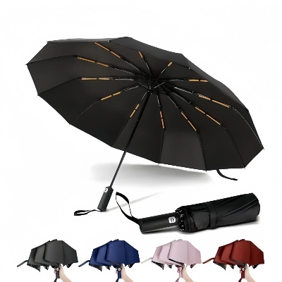 Picture of Luxury 12 Ribs Automatic 3 Folding Umbrella Titanium Gold Sunshade Umbrella with Gold Metal Handle - One size