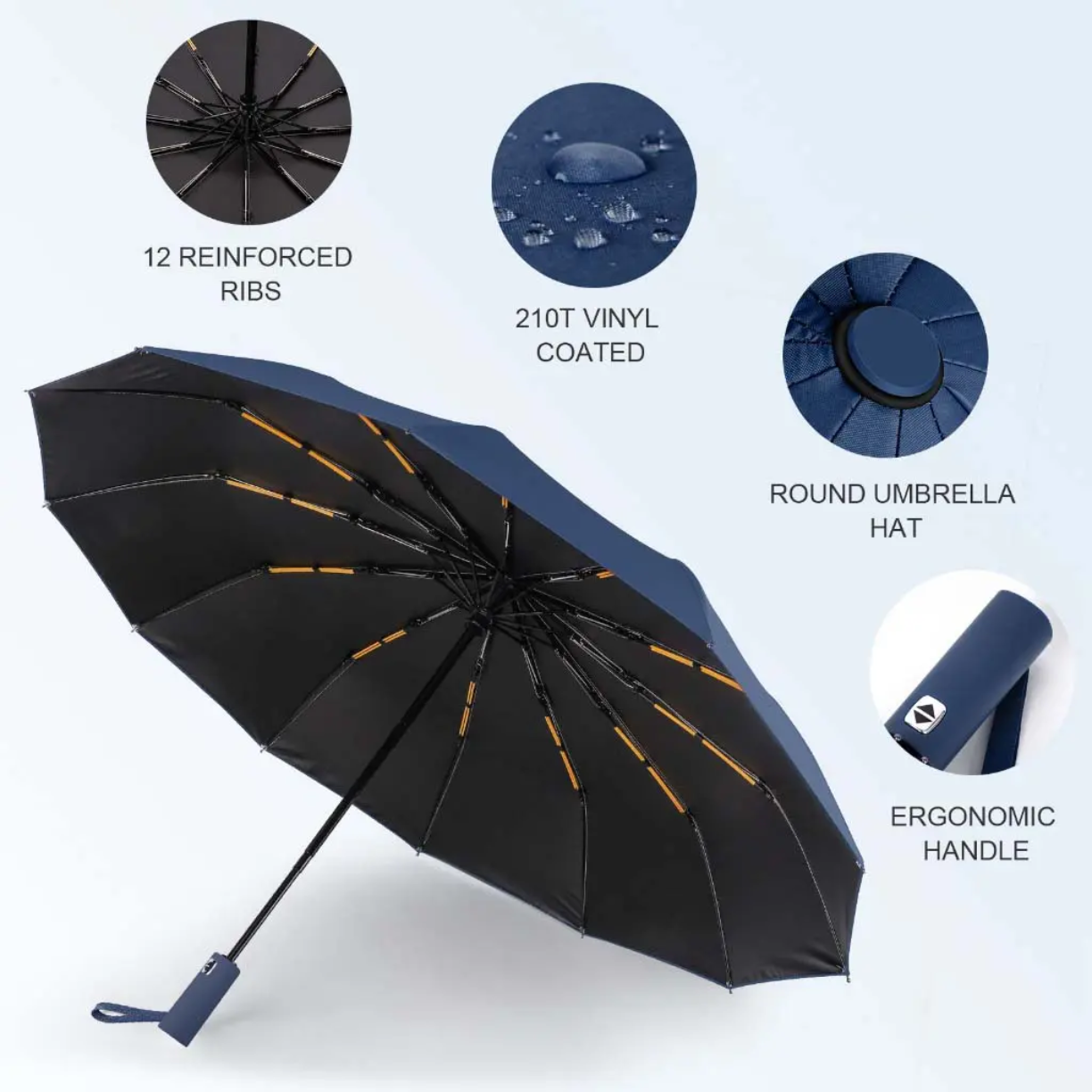 Picture of Luxury 12 Ribs Automatic 3 Folding Umbrella Titanium Gold Sunshade Umbrella with Gold Metal Handle - One size