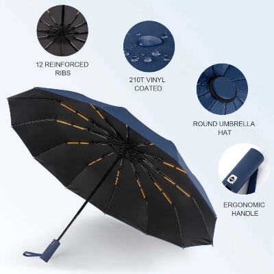 Picture of Luxury 12 Ribs Automatic 3 Folding Umbrella Titanium Gold Sunshade Umbrella with Gold Metal Handle - One size