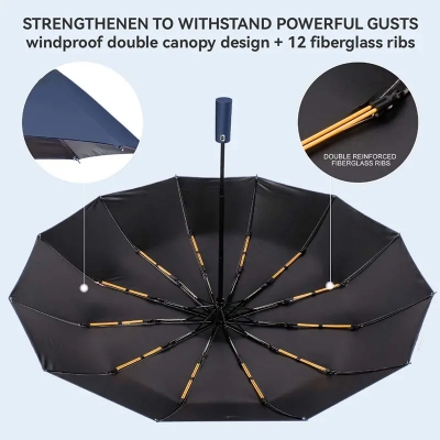 Picture of Luxury 12 Ribs Automatic 3 Folding Umbrella Titanium Gold Sunshade Umbrella with Gold Metal Handle - One size