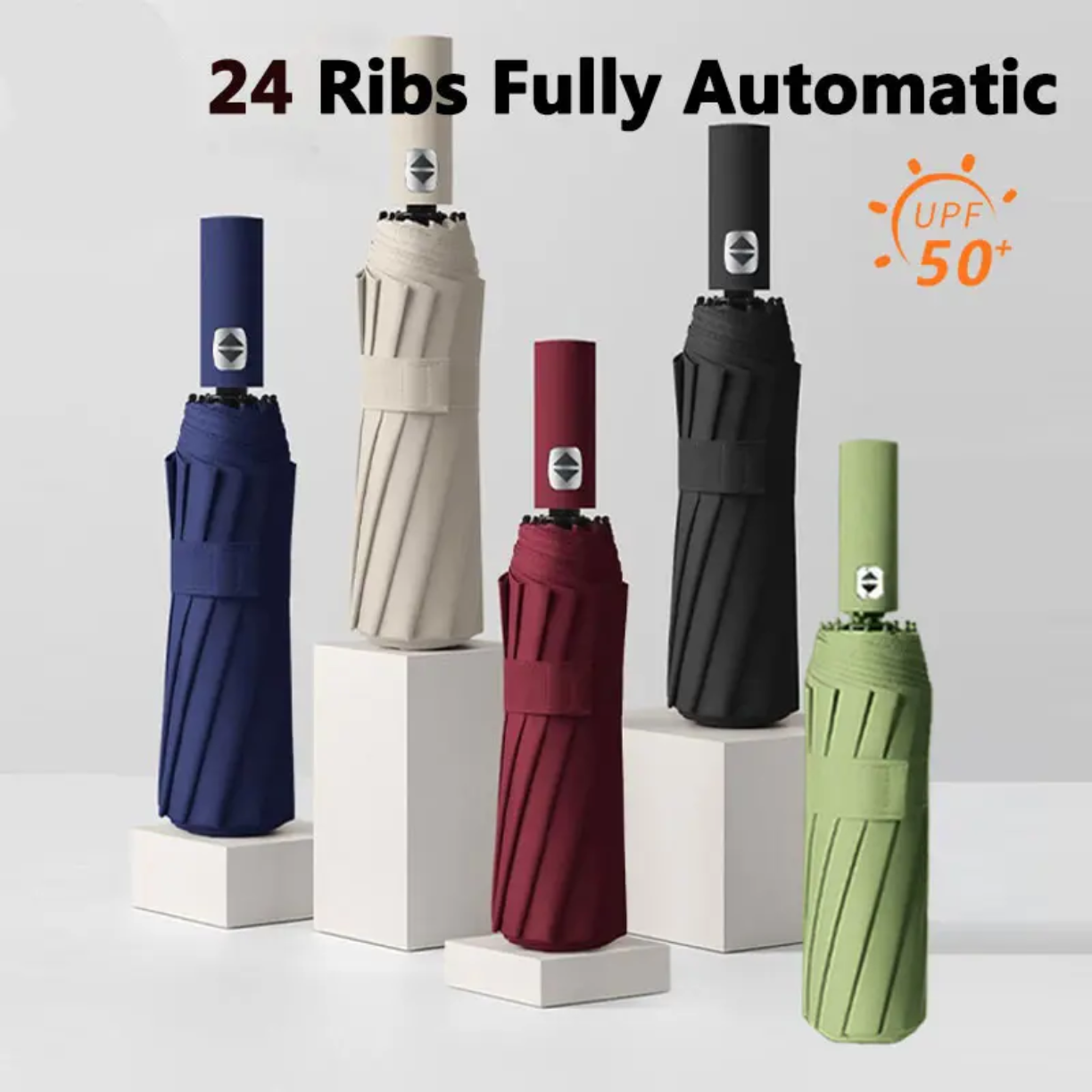 Picture of Luxury 12 Ribs Automatic 3 Folding Umbrella Titanium Gold Sunshade Umbrella with Gold Metal Handle - One size