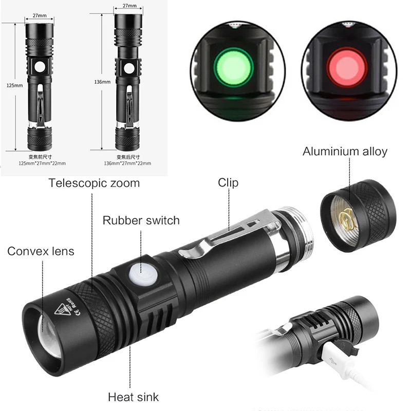 Picture of Long Shot Zoomable Powerful USB rechargeable Waterproof led flashlight - Black