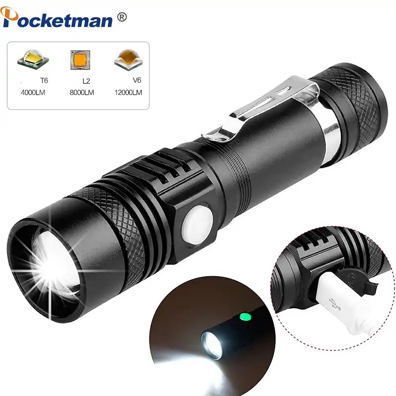 Picture of Long Shot Zoomable Powerful USB rechargeable Waterproof led flashlight - Black