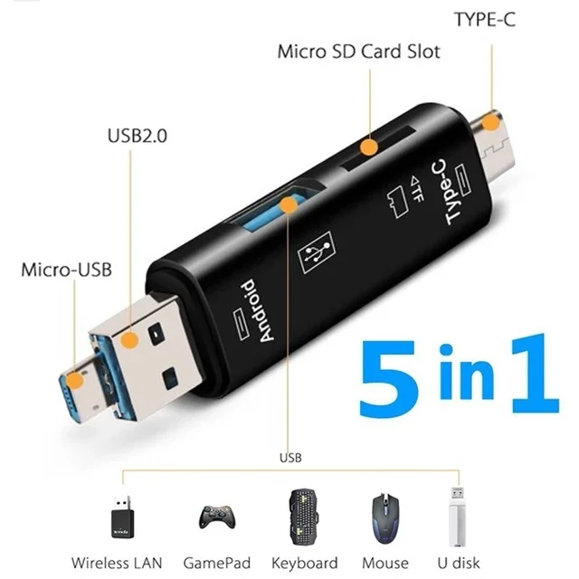 Picture of 5 in 1 Type C/Usb /Micro Usb/Tf/SD Memory Card Reader OTG Card Reader - Black