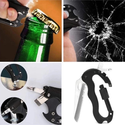 Picture of 5-in-1 Outdoor Multi-function Tools Hiking Buckle Fast Hanging Buckle Cross Screwdriver Karabiner Bottle Opener - Black