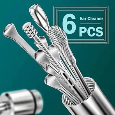 Picture of 6 Pcs Ear Wax Removal Tool Portable Stainless Steel Earwax Remover Cleaner Kit Earpick Spring Ear Wax Spoon Cleaning Set - Silver