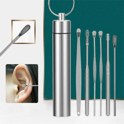 Picture of 6 Pcs Ear Wax Removal Tool Portable Stainless Steel Earwax Remover Cleaner Kit Earpick Spring Ear Wax Spoon Cleaning Set - Silver
