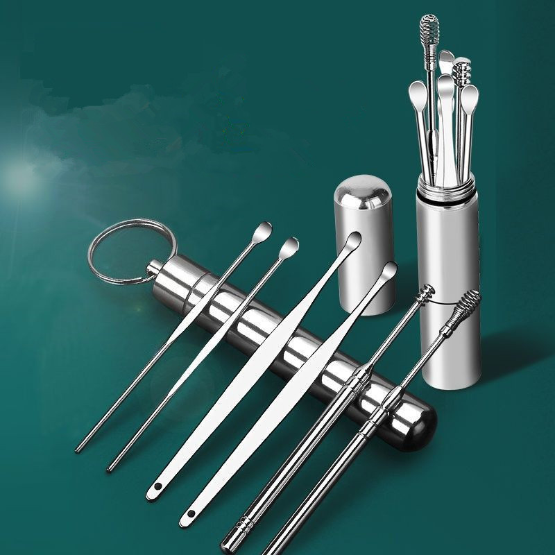 Picture of 6 Pcs Ear Wax Removal Tool Portable Stainless Steel Earwax Remover Cleaner Kit Earpick Spring Ear Wax Spoon Cleaning Set - Silver