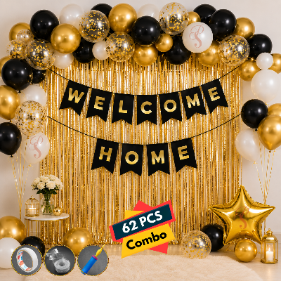 Welcome Home Decoration Set - Premium Golden, Black & White Balloon Garland Backdrop Kit – (62 Pcs)