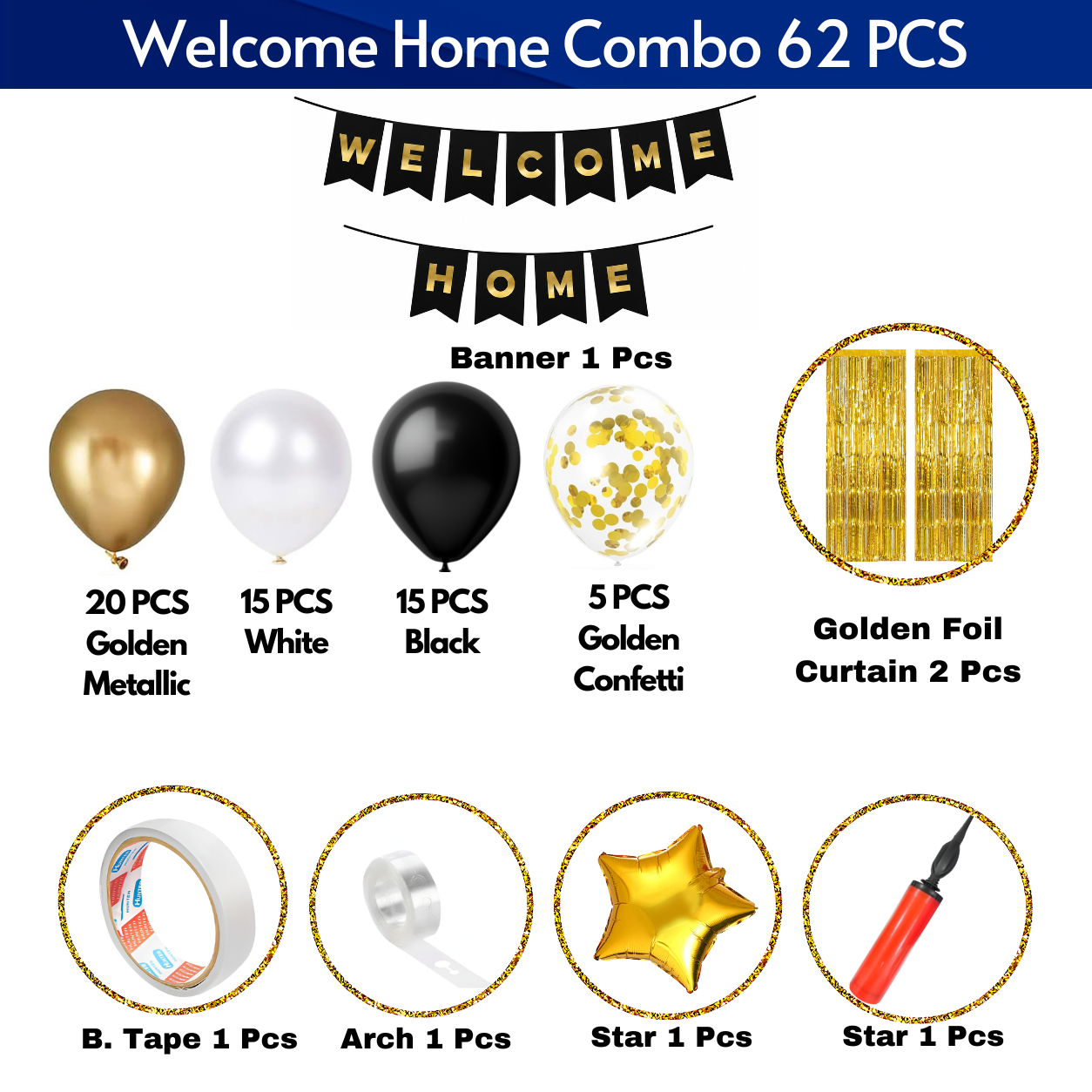 Welcome Home Decoration Set - Premium Golden, Black & White Balloon Garland Backdrop Kit – (62 Pcs)