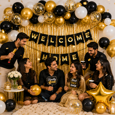 Welcome Home Decoration Set - Premium Golden, Black & White Balloon Garland Backdrop Kit – (62 Pcs)