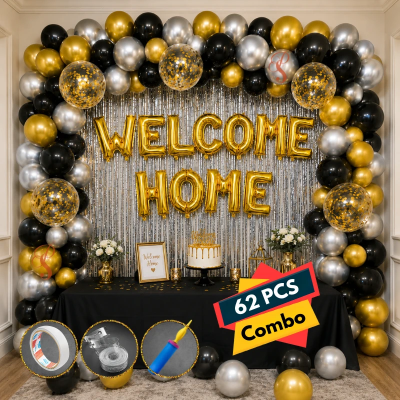 Welcome Home Decoration Set - Deluxe Golden Foil Balloon Banner & Arch Garland Backdrop Kit - (81 Pcs)