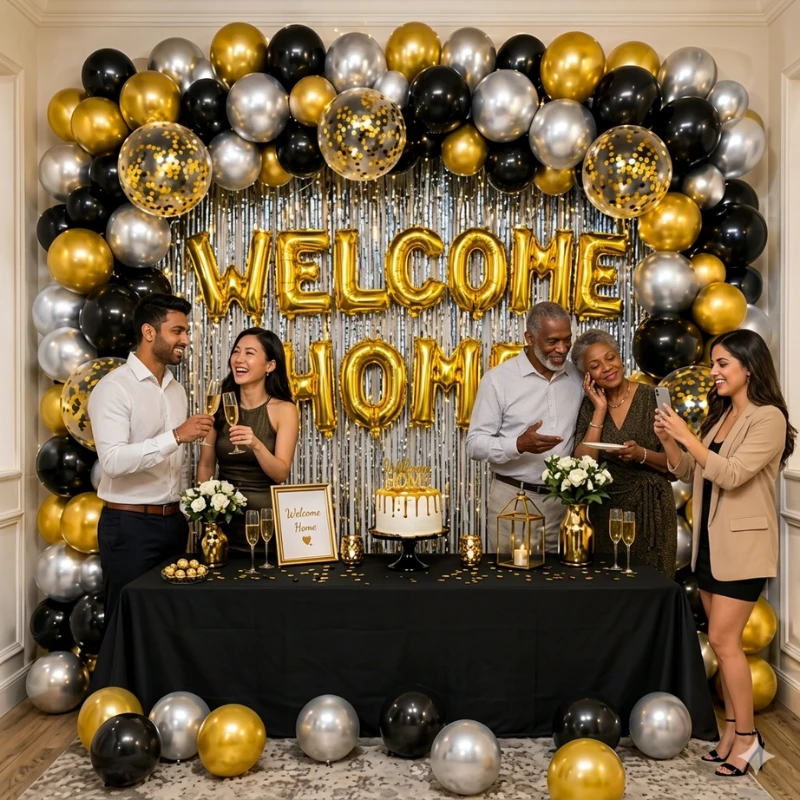 Welcome Home Decoration Set - Deluxe Golden Foil Balloon Banner & Arch Garland Backdrop Kit - (81 Pcs)