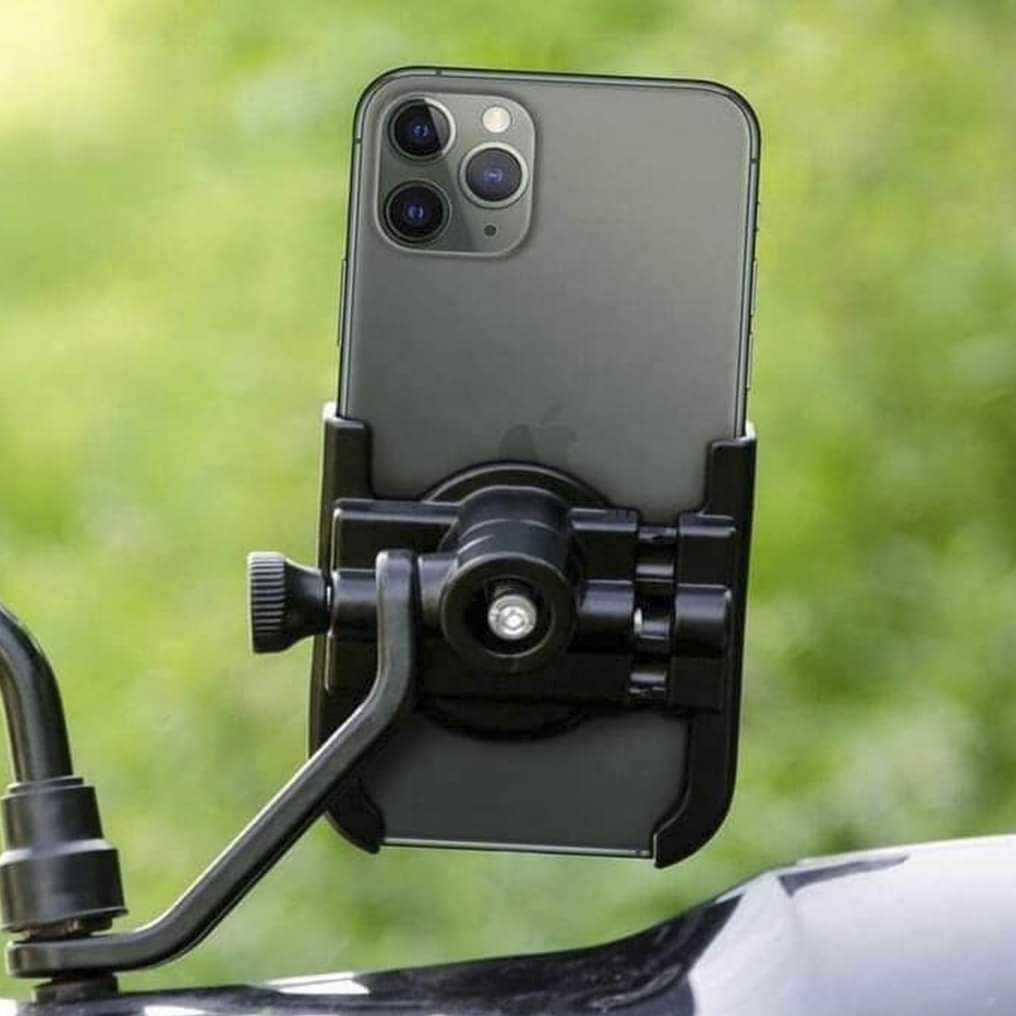 Picture of Mobile Holder for Bike Metal Bike Mount Holder Rearview Mirror Mount Stand for Bike, Bicycle with 360 Degree Rotation Anti-Vibration/Shake Pads Mobiles Size Upto 6.5" Inch-Black/ Alternative bike point -Black