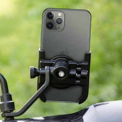 Picture of Mobile Holder for Bike Metal Bike Mount Holder Rearview Mirror Mount Stand for Bike, Bicycle with 360 Degree Rotation Anti-Vibration/Shake Pads Mobiles Size Upto 6.5" Inch-Black/ Alternative bike point -Black