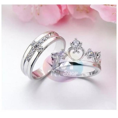 Picture of stainless steel couple ring king and queen engagement and wedding ring -Silver