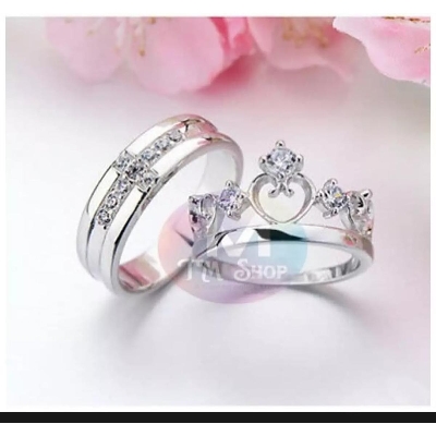 Picture of stainless steel couple ring king and queen engagement and wedding ring -Silver