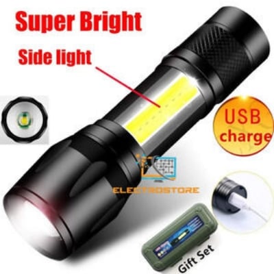 Picture of Zoomable Rechargeable LED Torch - Micro USB Charging with Cable and Case - Stainless Steel Design Black