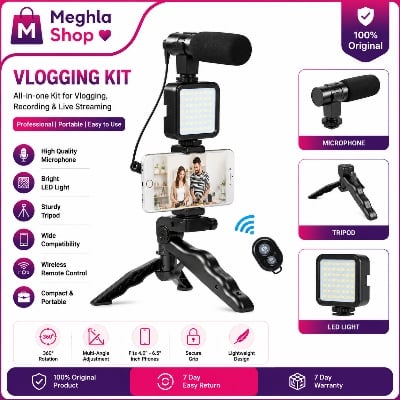Picture of Exclusive AY-49 Phone Vlog Tripod Vlogging Kits Live Selfie Fill Light Integration with Remote Control Microphone LED Light Multicolor