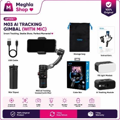 Picture of TOKQI M03 Handheld Gimbal 3-Axis AI Tracking Stabilizer with Wireless Microphone for Smartphones Shooting Vlog, with Fill Light Multicolor