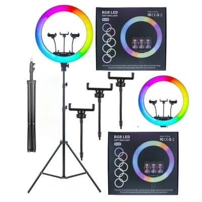 Picture of 45cm MJ18 RGB LED Ring Light with 3 Phone Holder, Remote Control & 7 Ft Tripod Stand Multicolor