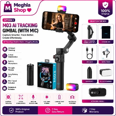Picture of TOKQI M03 Handheld Gimbal 3-Axis AI Tracking Stabilizer with Wireless Microphone for Smartphones Shooting Vlog, with Fill Light Multicolor