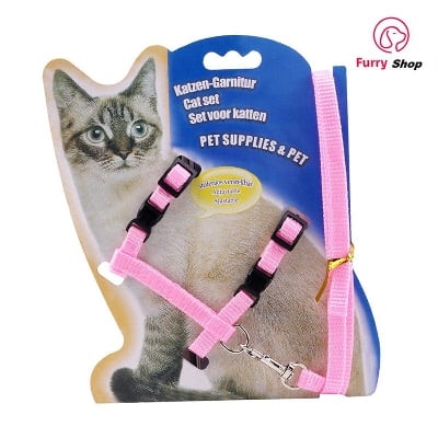Picture of Adjustable Nylon Pet Cat Harness and Leash ~ Kitten adult Belt Collar with lead (Pink) - 50 gm