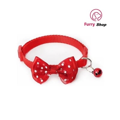 Picture of Pet tie Cat Collar Adjustable Dot Prints Doggy Bow Tie With Bell Fashion Pets Necktie Collars Bells and Charms pet supplies - Red - 