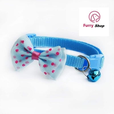Picture of Pet tie Cat Collar Adjustable Dot Prints Doggy Bow Tie With Bell Fashion Pets Necktie Collars Bells and Charms pet supplies - Light blue - 