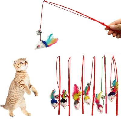 Picture of 1pcs Cat Toy Mouse On A Stick Teaser Metal Bell Feather Play Pet Dangler Wand - Multicolor - 