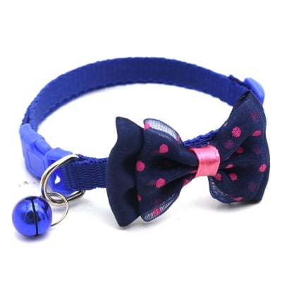 Picture of Pet tie Cat Collar Adjustable Dot Prints Doggy Bow Tie With Bell Fashion Pets Necktie Collars Bells and Charms pet supplies - Navy Blue - 