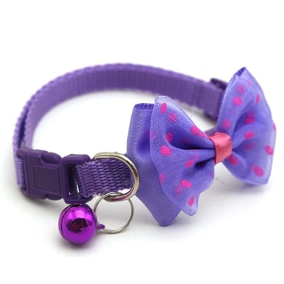Picture of Pet tie Cat Collar Adjustable Dot Prints Doggy Bow Tie With Bell Fashion Pets Necktie Collars Bells and Charms pet supplies - Purple - 