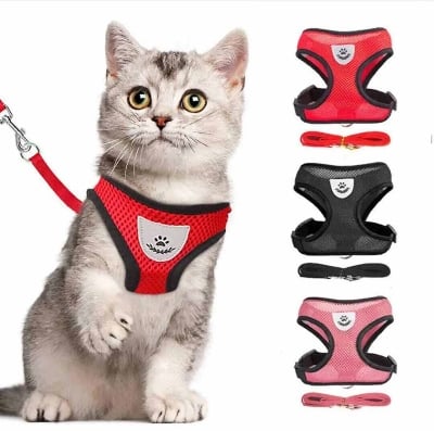 Picture of (S Size Red colour) Pet Cat/ Dog Harness Adjustable Design Nylon Strap Collar with Leash, Breakaway Cat Safety jacket Harness - Red - 