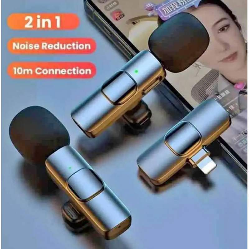 Picture of Dual Bluetooth Microphone K9 Wireless Lavalier Microphone Noise Reduction Outdoor Live Broadcast Usb Lavalier Microphone For Mobile Phone Type C & Lighting Port Black - Microphone-Black