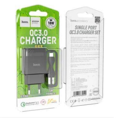 Picture of Hoco C72Q Glorious Qc3.0 Wall Charger, Single Usb, 18W Output, Eu Plug, Set With Cable For Type-C - Charger-Black