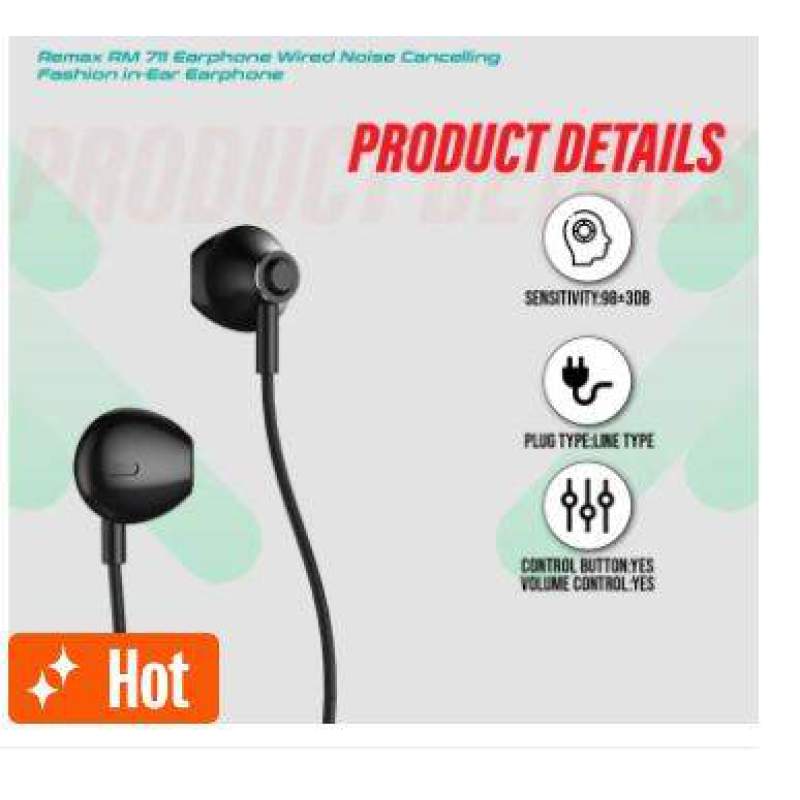 Picture of Remax RM 711 Earphone 3.5mm Wired Noise Cancelling Fashion in-Ear Earphone Frequency Response Range:20-20000Hz-Black