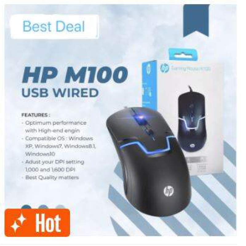 Picture of HP M100 USB Wired Gaming Optical Mouse with LED Backlight And Adjustable 1000/1600 DPI Settings, 3 Buttons For Gaming Gamers-Black