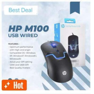 Picture of HP M100 USB Wired Gaming Optical Mouse with LED Backlight And Adjustable 1000/1600 DPI Settings, 3 Buttons For Gaming Gamers-Black