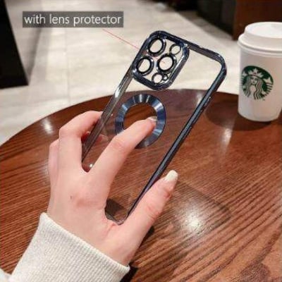 Picture of Transparent Electroplated Lens protector cover kickstand case for iphone 13Pro Max protective bumper cover-Black