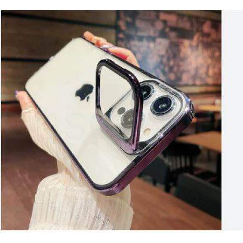 Picture of Transparent Electroplated Lens protector cover kickstand case for iphone 13Pro Max protective bumper cover-Black
