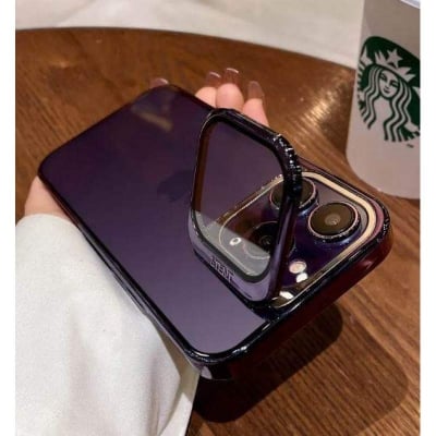Picture of Transparent Electroplated Lens protector cover kickstand case for iphone 13Pro Max protective bumper cover-Black