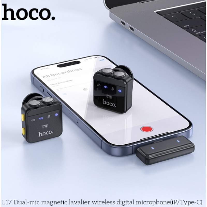 Picture of Hoco L17 wireless digital microphone dual magnetic lapel microphone (iP/Type-C)-Black