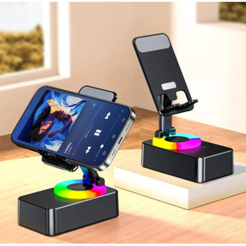 Picture of Foldable Mobile Phone Desk Holder,Wireless Speaker with Stand - 3 in 1 Mobile Phone Holder,360 Rotating Phone Stand,Phone Stand with Speaker, Cellphone Holder with Bluetooth Speake-Black