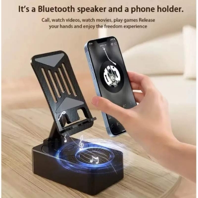Picture of Foldable Mobile Phone Desk Holder,Wireless Speaker with Stand - 3 in 1 Mobile Phone Holder,360 Rotating Phone Stand,Phone Stand with Speaker, Cellphone Holder with Bluetooth Speake-Black