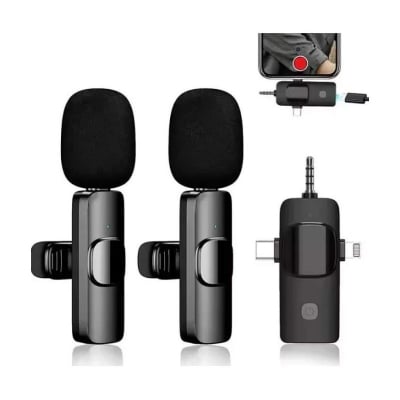 Picture of K15 Wireless Microphone for Type C, iPhone, 3.5mm Video Broadcast Noise Reduction Mini Lapel Microphones, Multi Device 3 in 1 Lavalier Collar Microphone-Black