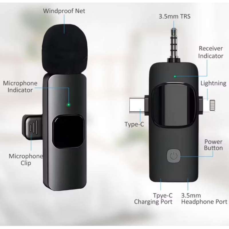 Picture of K15 Wireless Microphone for Type C, iPhone, 3.5mm Video Broadcast Noise Reduction Mini Lapel Microphones, Multi Device 3 in 1 Lavalier Collar Microphone-Black