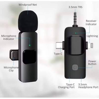 Picture of K15 Wireless Microphone for Type C, iPhone, 3.5mm Video Broadcast Noise Reduction Mini Lapel Microphones, Multi Device 3 in 1 Lavalier Collar Microphone-Black